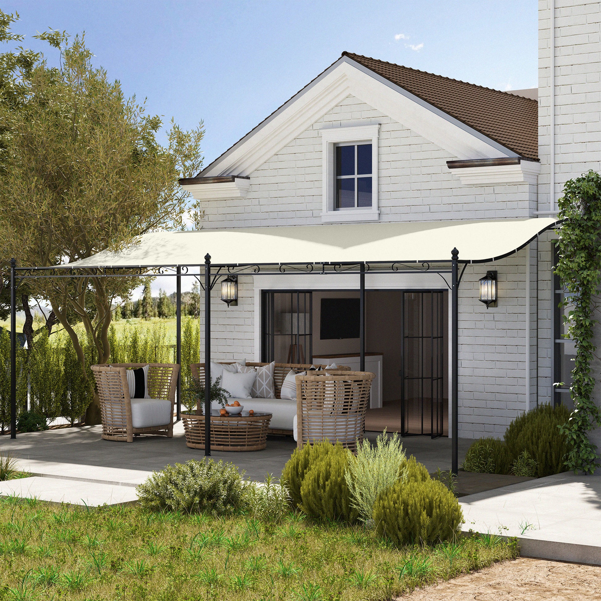 Outsunny Pérgola De Jardín 6x3 M Con Techo De Poliéster Impermeable Crema_1