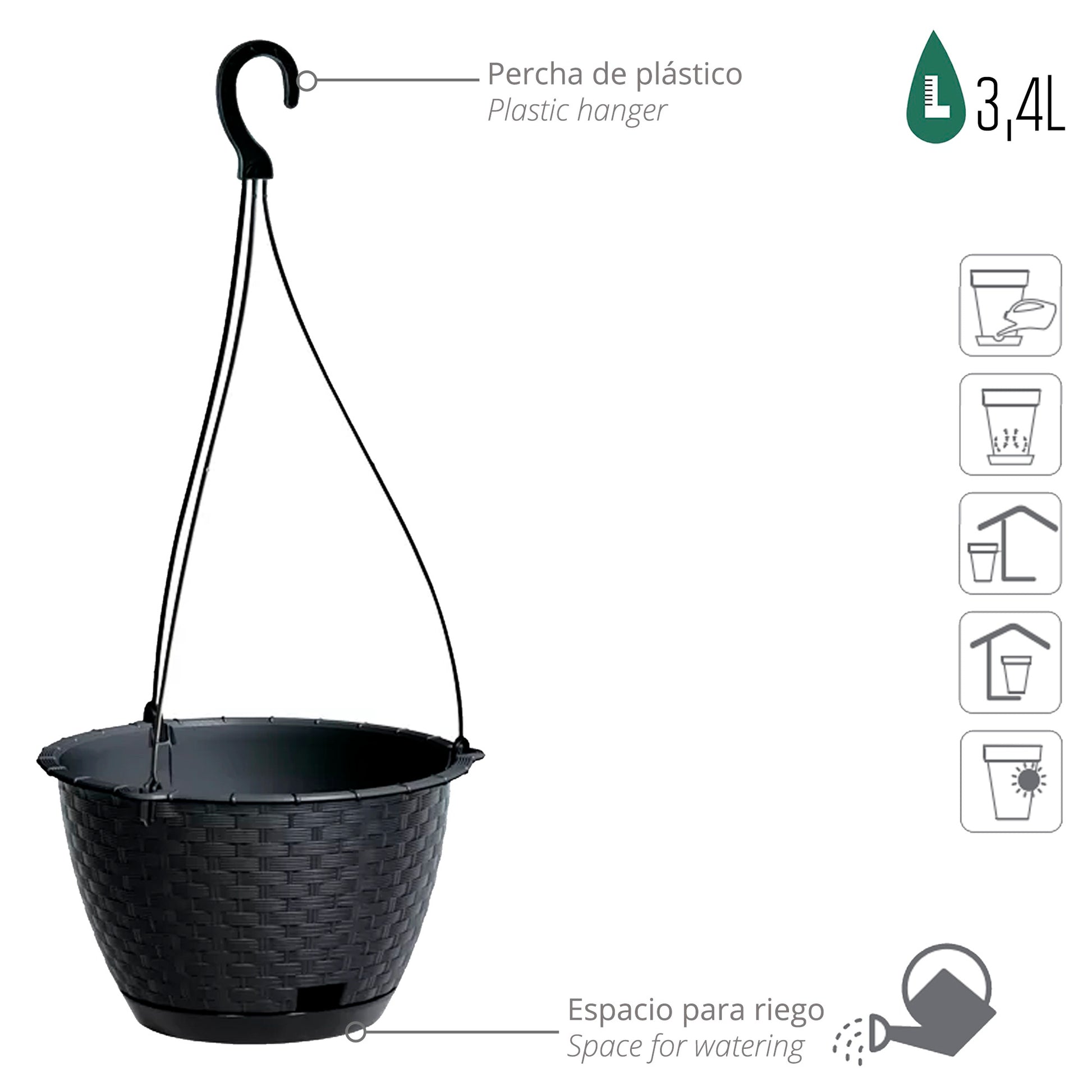 Macetero Colgante Ratolla Round W 3,4l., Dimensiones (mm) 217x217x142, Color Antracita