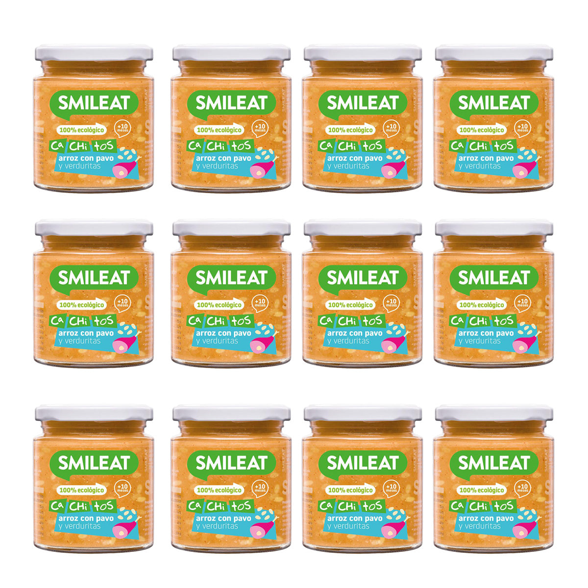 Embalagem de 12 frascos de arroz biológico com peru e legumes, CA CHI TOS Smileat, 230g