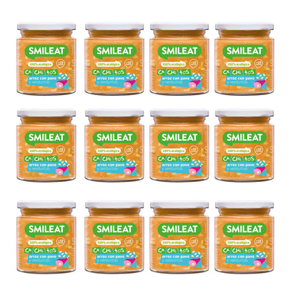 Embalagem de 12 frascos de arroz biológico com peru e legumes, CA CHI TOS Smileat, 230g