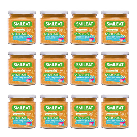 Embalagem de 12 frascos de arroz biológico com peru e legumes, CA CHI TOS Smileat, 230g