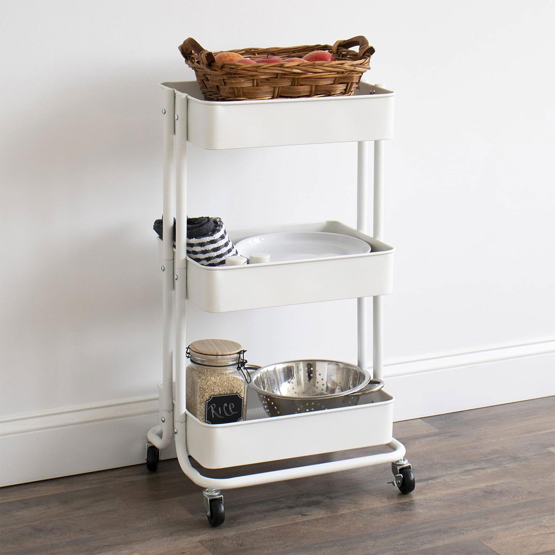 Well Home Carro De Cocina De Hierro En Blanco Con Ruedas Y 3 Cajones_3