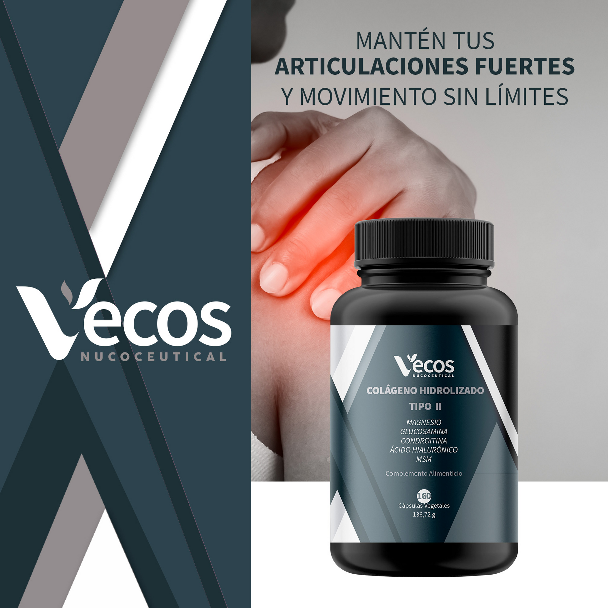 Colágeno Tipo II VECOS (160 cápsulas) | Dolor, Rigidez y Movilidad de Articulaciones | Glucosamina, Condroitina, MSM_1