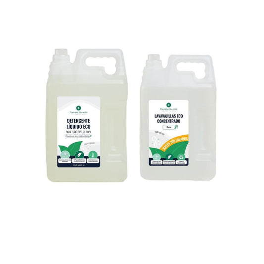 Embalagem ECO hipoalergénica e sem fragrância: máquina de lavar louça manual de 5 litros + detergente líquido para a roupa Planeta Huerto de 5 litros