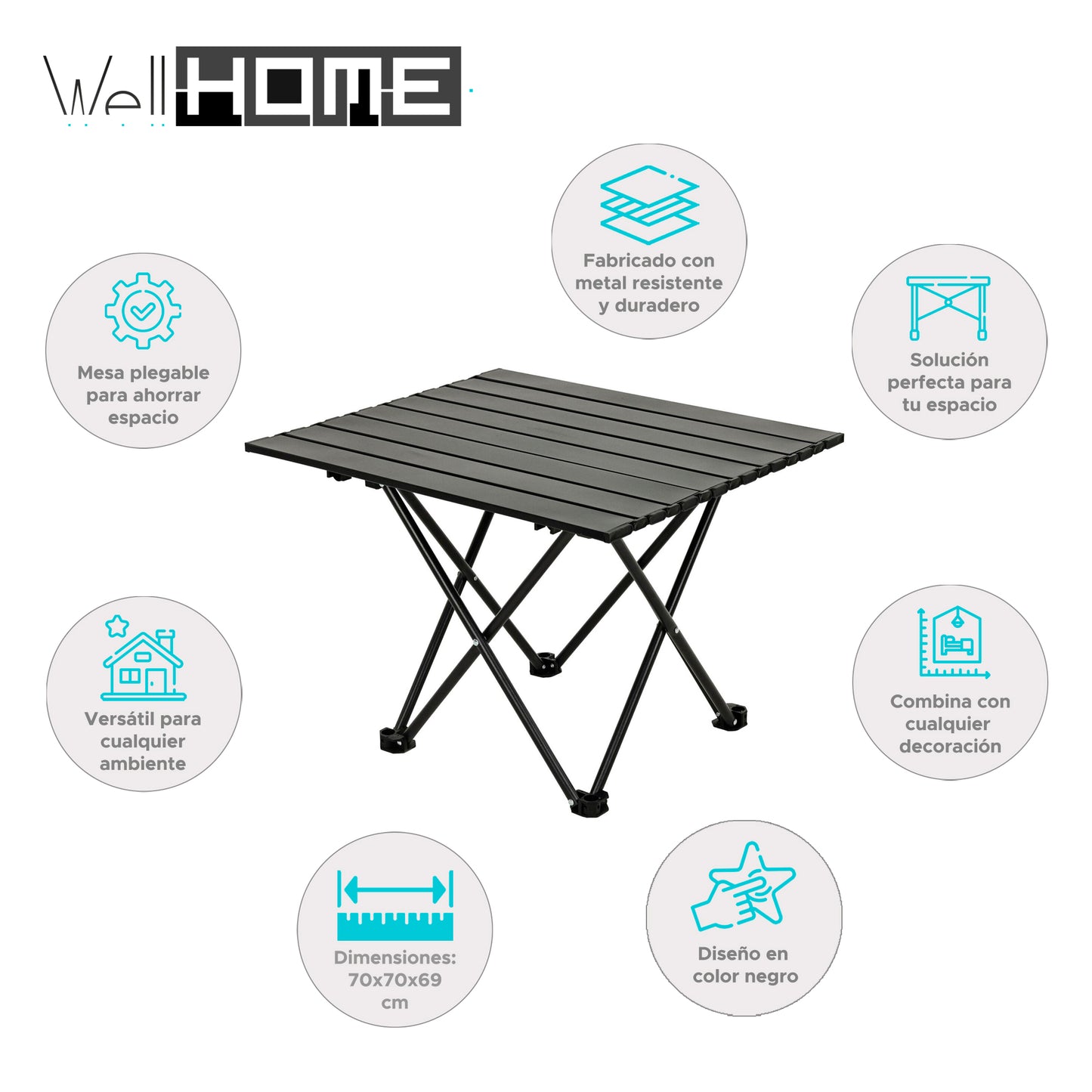 Well Home Mesa Plegable En Metal Color Negro 70x70x69cm_1