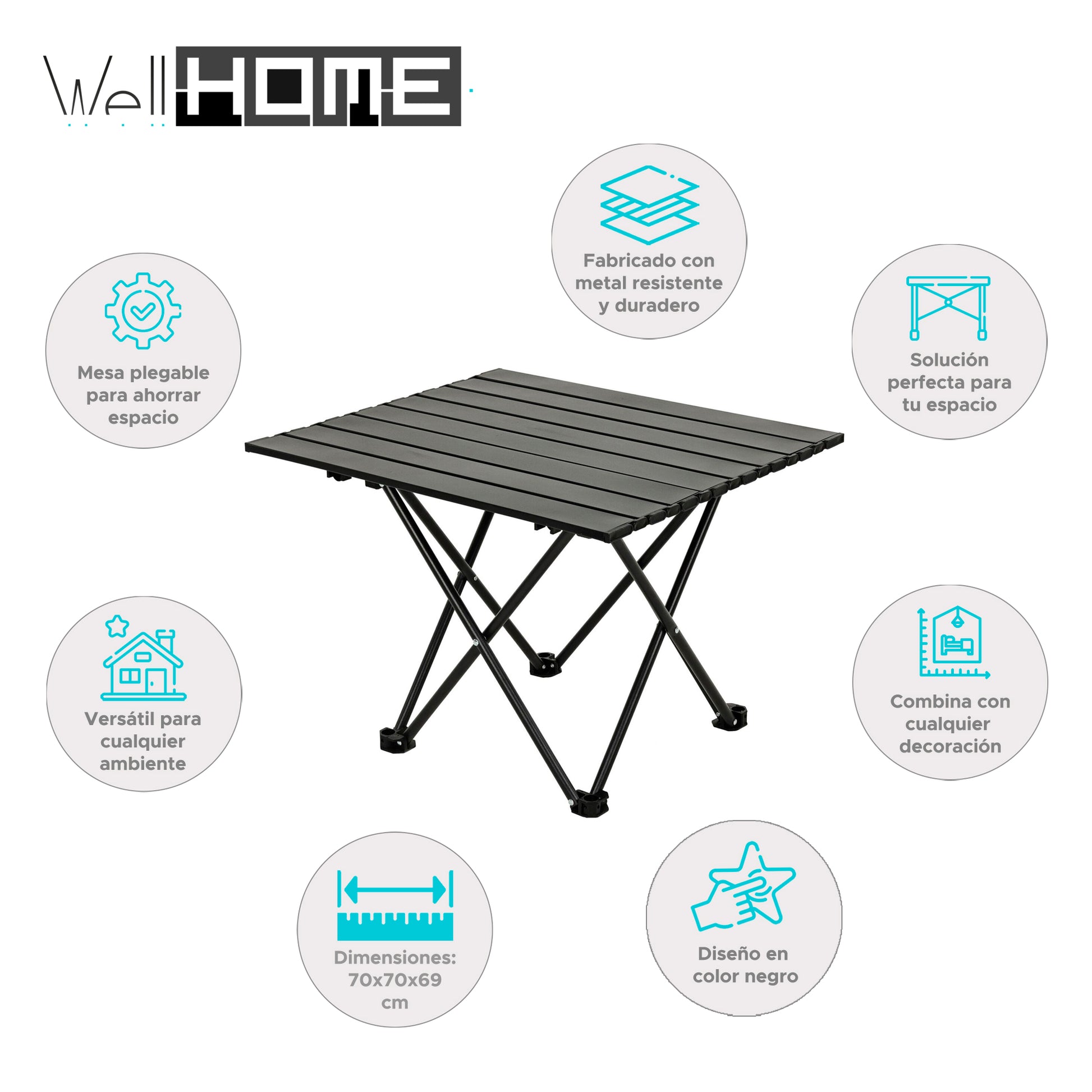 Well Home Mesa Plegable En Metal Color Negro 70x70x69cm_1
