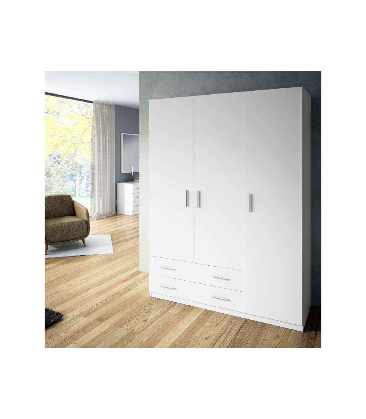 Armario Ropero 3 Puertas Abatibles 2 Cajones Lorena Acabado Blanco, 196cm(alto) 150cm(anch_1