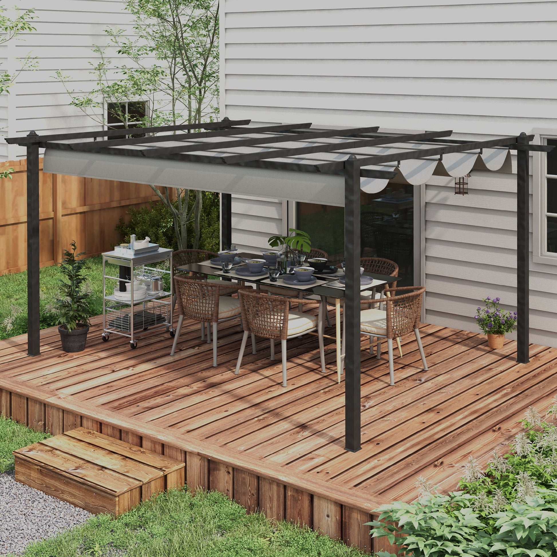 Outsunny Pérgola Con Techo Retráctil 4x3 M Estructura De Aluminio Gris_4