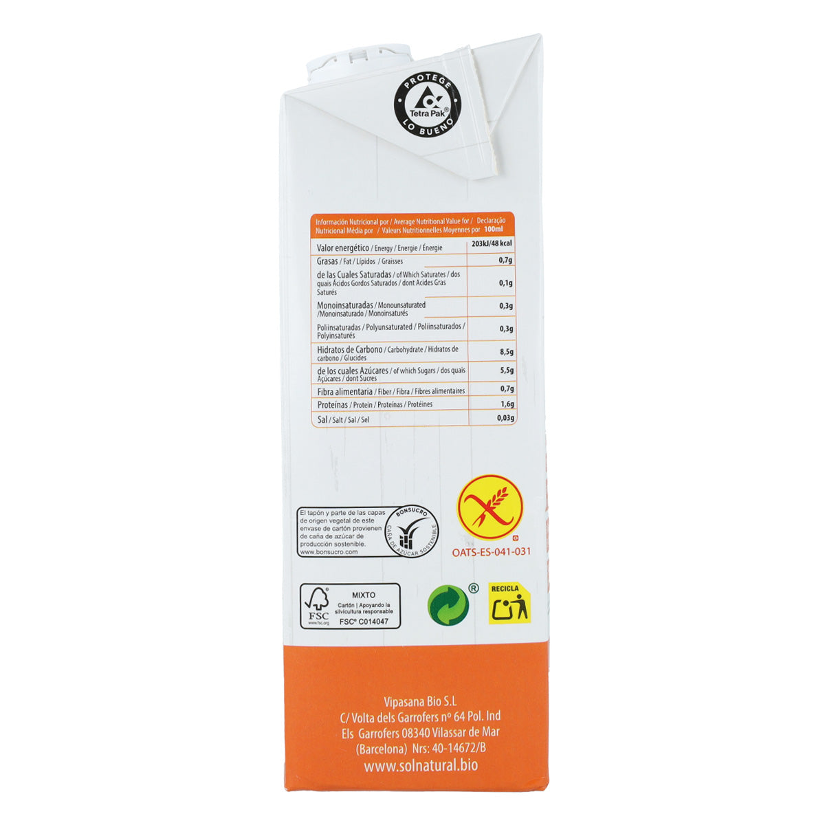 Bebida de Avena Sin Gluten Bio Sol Natural 1 L