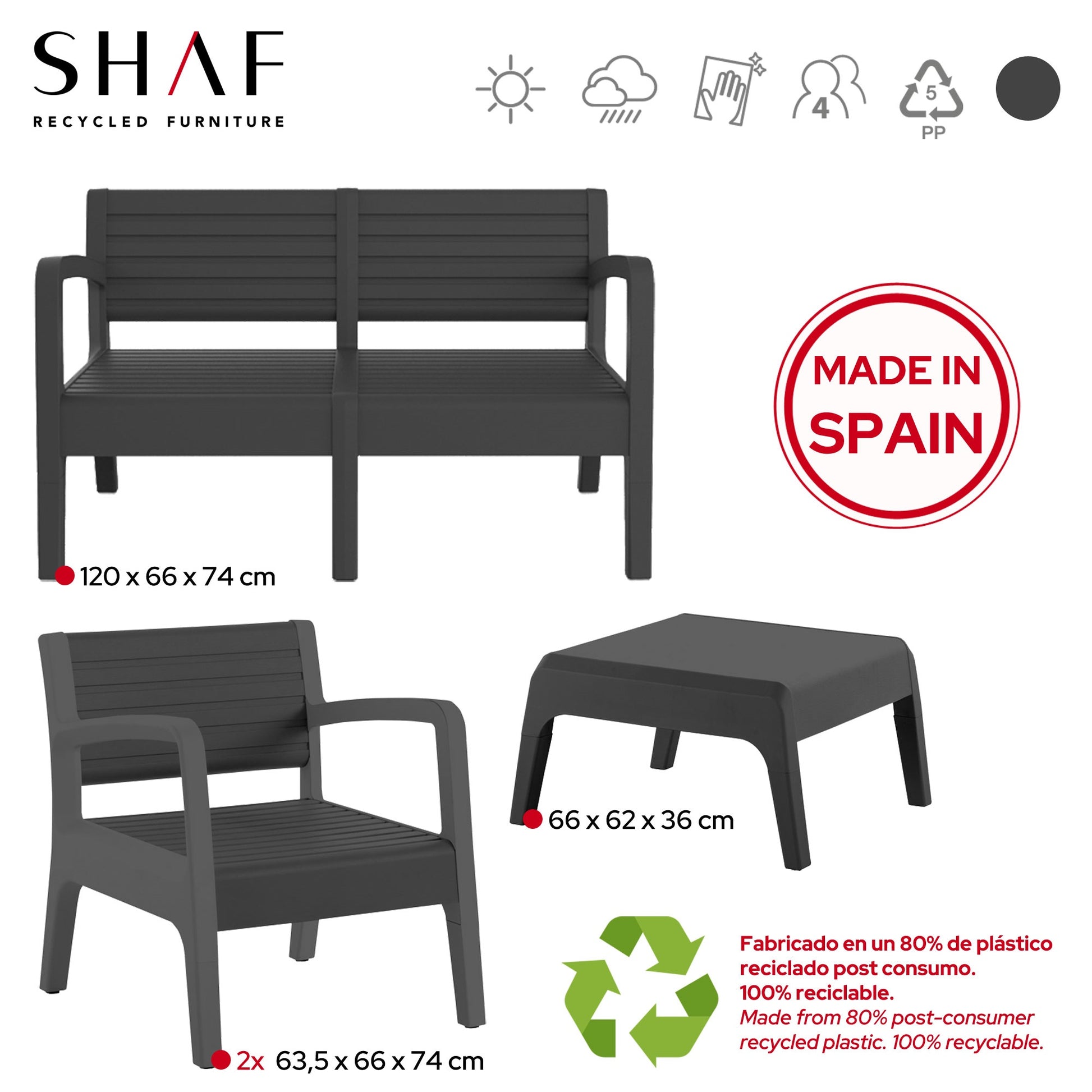 Set Valencia Muebles De Salon Exterior - Conjunto Muebles Jardin Exterior 4 Plazas | Fabricado En España Con Materiales Reciclados - Color Grafito_2