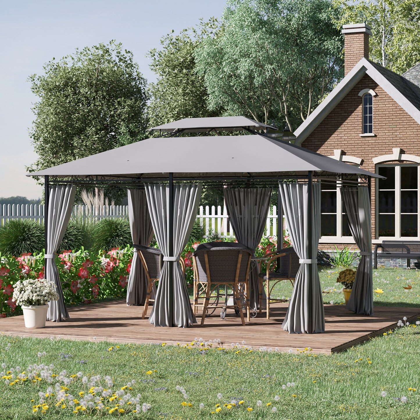 Outsunny Cenador Para Jardín 3x4 M Con Doble Techo Paredes Laterales Gris Oscuro_1