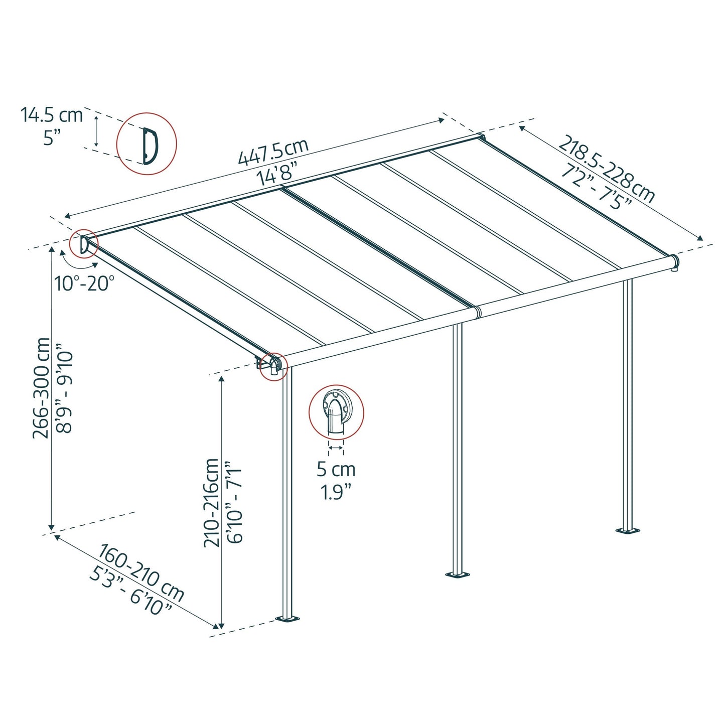 Pérgola anexa Sierra 224x447 cm cinzento 