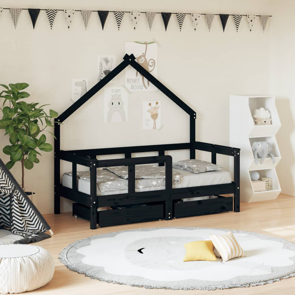 Vidaxl Estructura De Cama Niños Con Cajones Madera Pino Negro 70x140cm_1