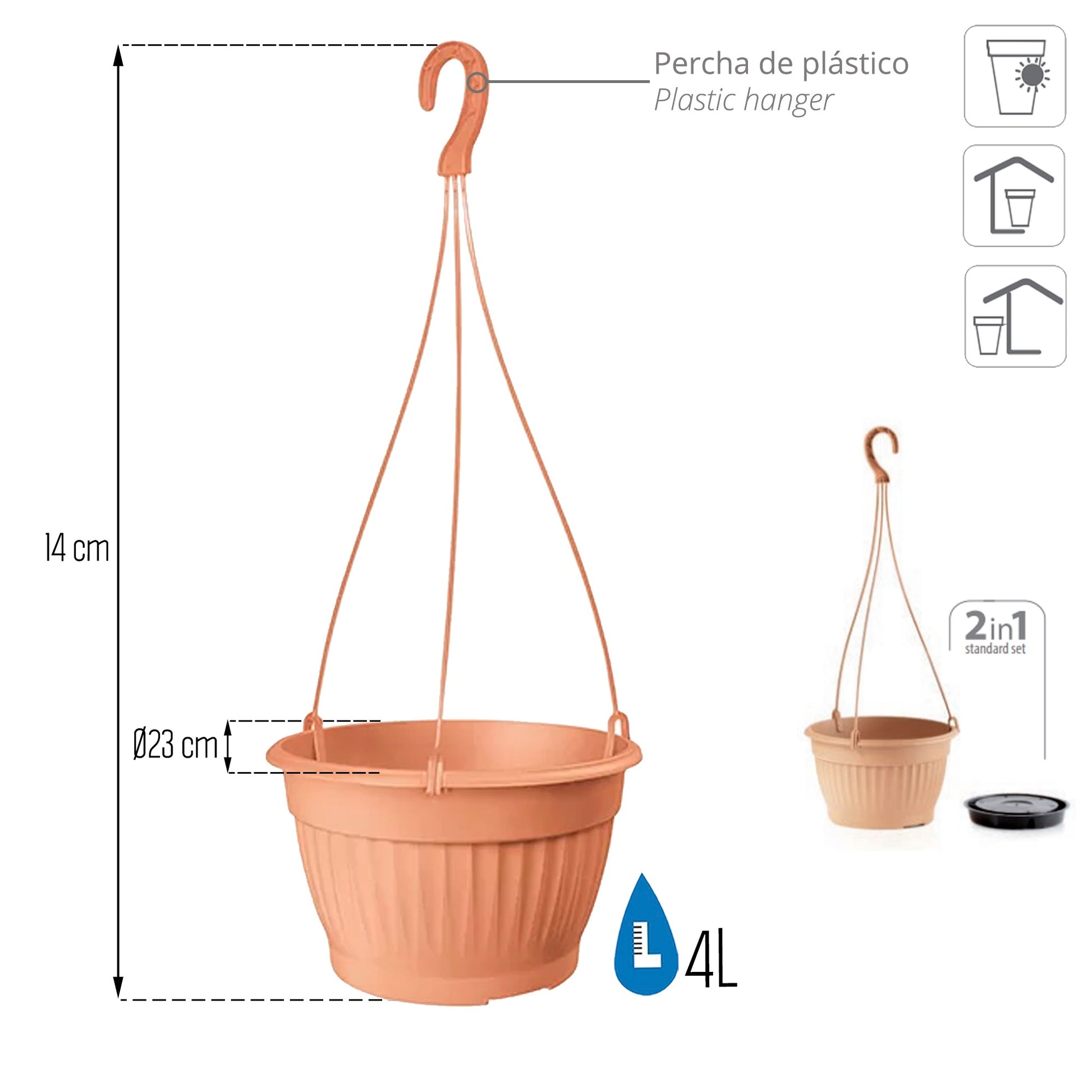 Macetero Colgante Terra 4l., Dimensiones (mm) 230x230x140, Color Terracota