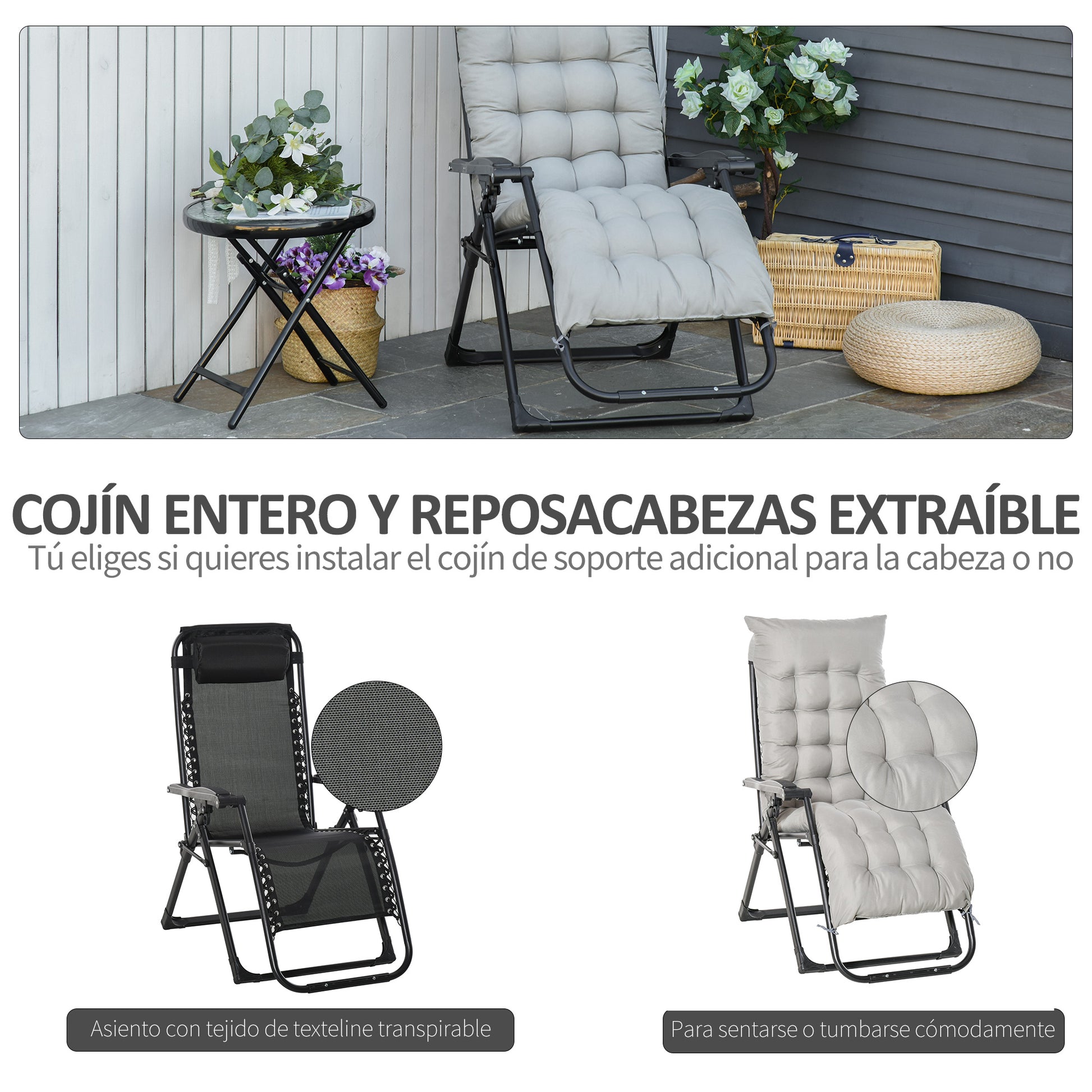 Outsunny Tumbona Plegable Cojín Extraíble 90x65x110cm 120kg Jardín Gris_5