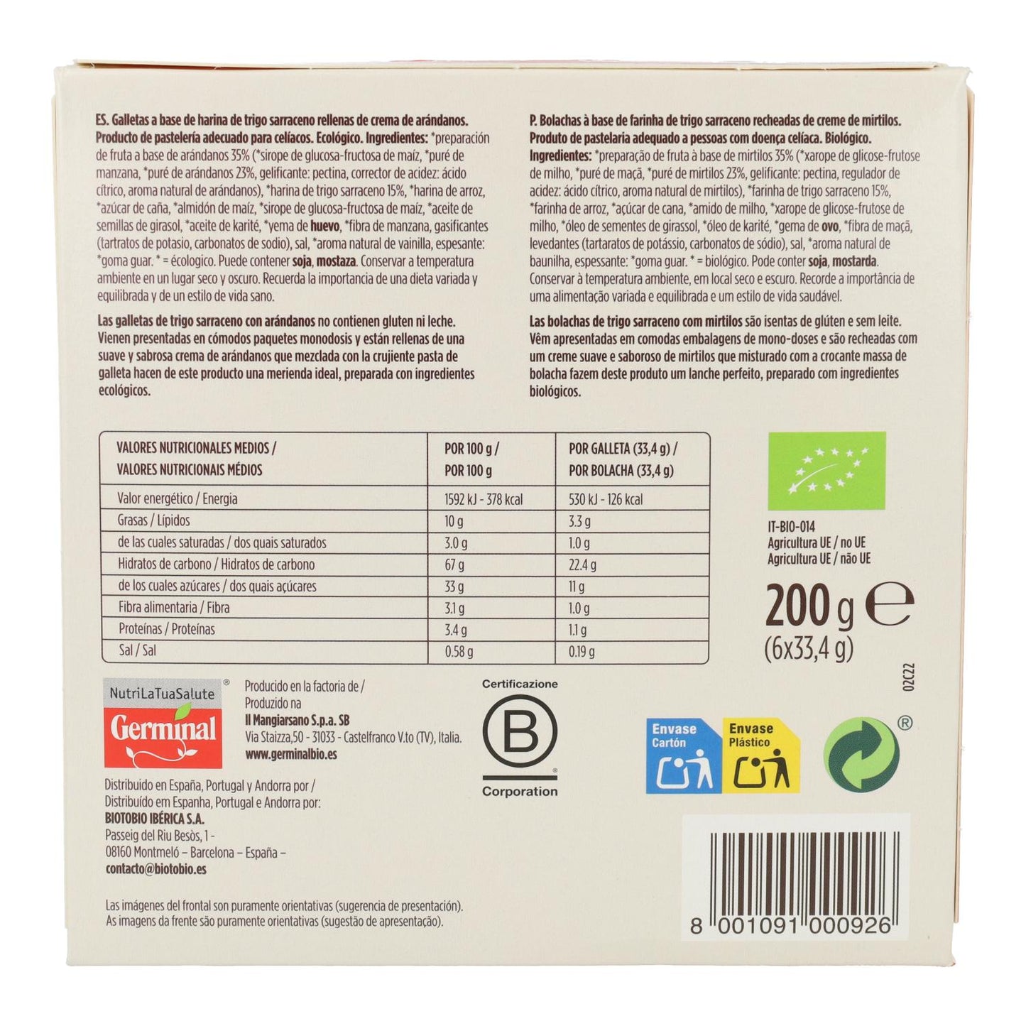 Biscoitos Germinal Bio sem glúten de mirtilo e trigo sarraceno 200 g