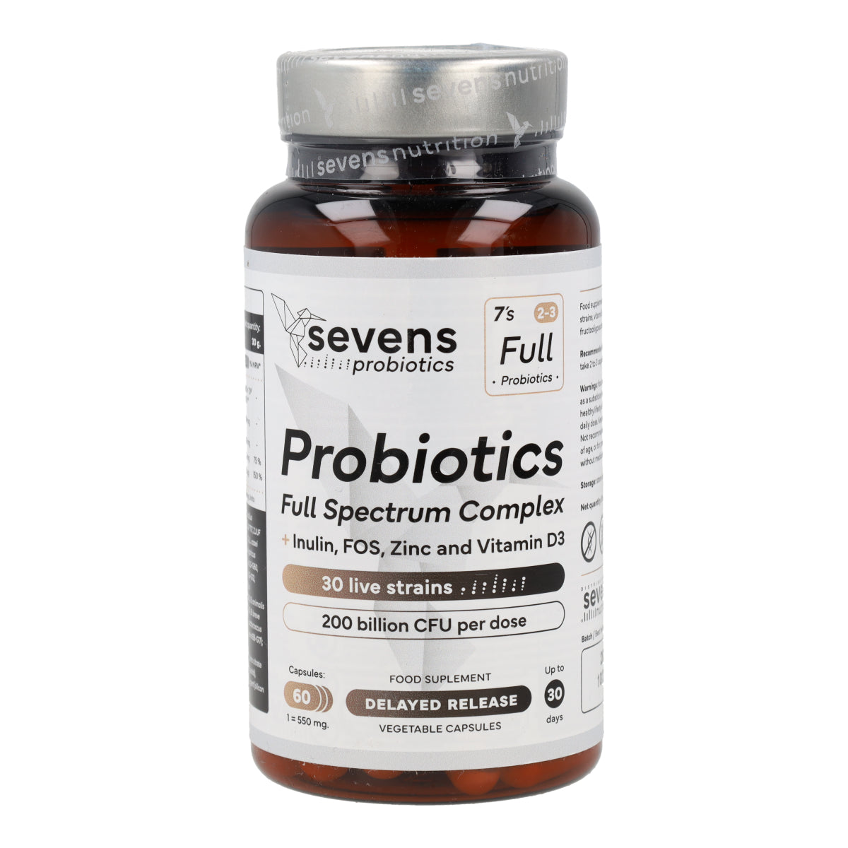 Probiótico Full Spectrum Complex con Inulina FOS Zinc y Vitamina D3 Sevens Nutrition 60 cápsulas
