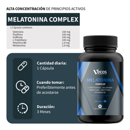 Melatonina Complex Vecos 90 Cápsulas | Descanso Y Bienestar | Con Valeriana, Pasiflora, Griffonia Y Melatonina_2