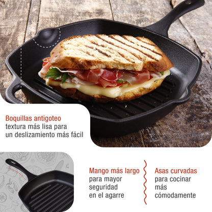 Victoria Sartén Grill Hierro Fundido Esmaltado Inducción 25x25cm Apta Fuego Barbacoa, Cast Iron Skillet, 39561, Negro_2