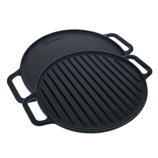 Victoria Plancha Cocina Hierro Fundido Esmaltado Parrilla Reversible 32cm, Fuego Barbacoa Sin Ptfe, 38007, Negro_0