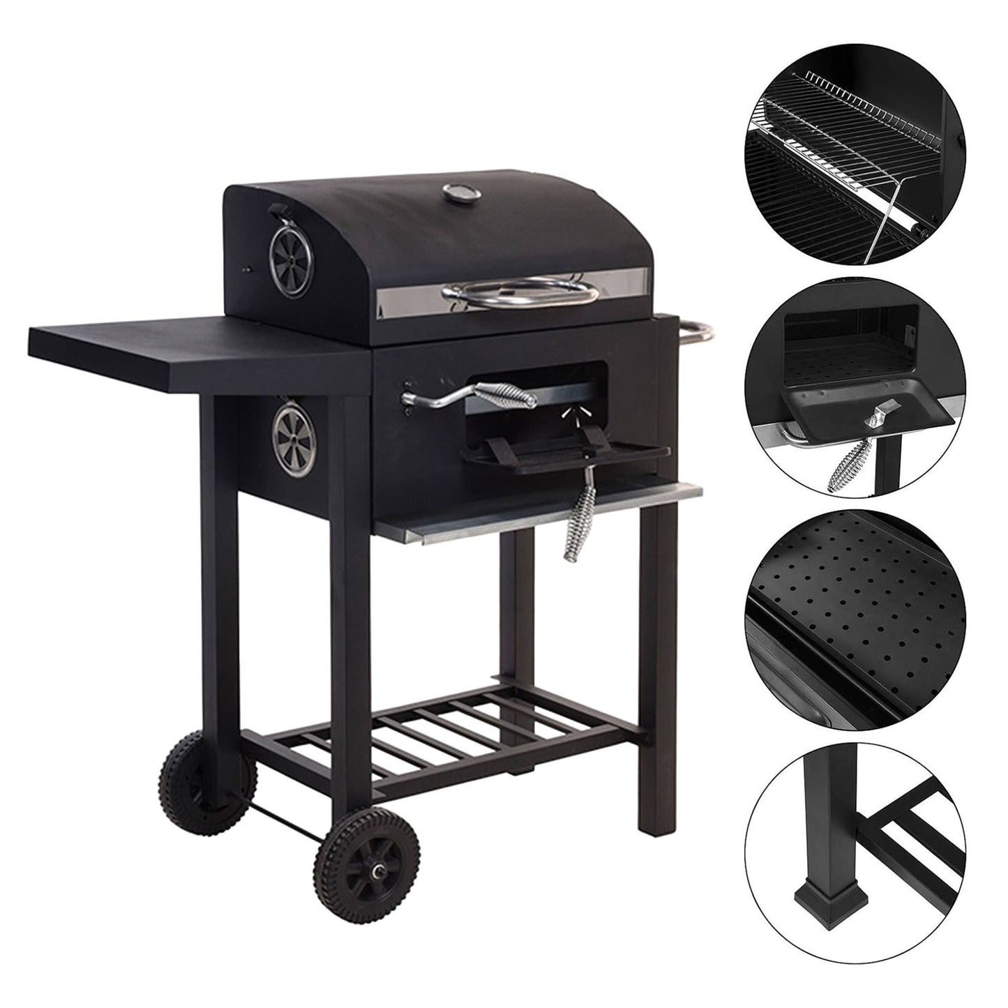 Well Home - Barbacoa Carbón Negra Con Doble Parrilla Y Mesa Auxiliar H.96cm_2