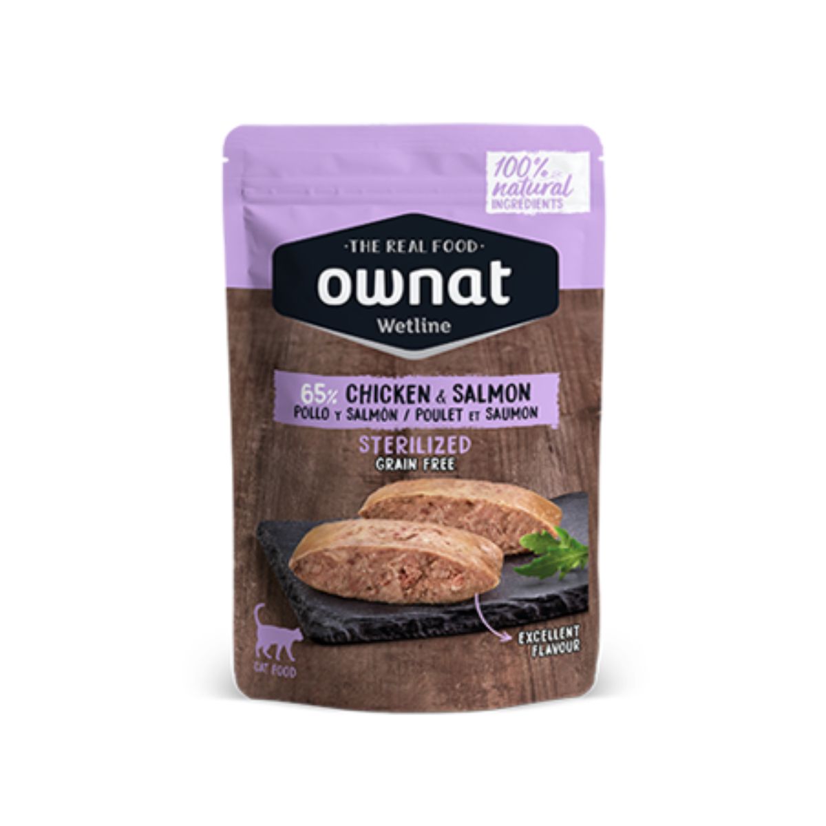 Ownat Wetline Frango e Salmão Sem Grão para gatos esterilizados 85 g
