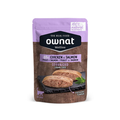 Ownat Wetline Frango e Salmão Sem Grão para gatos esterilizados 85 g