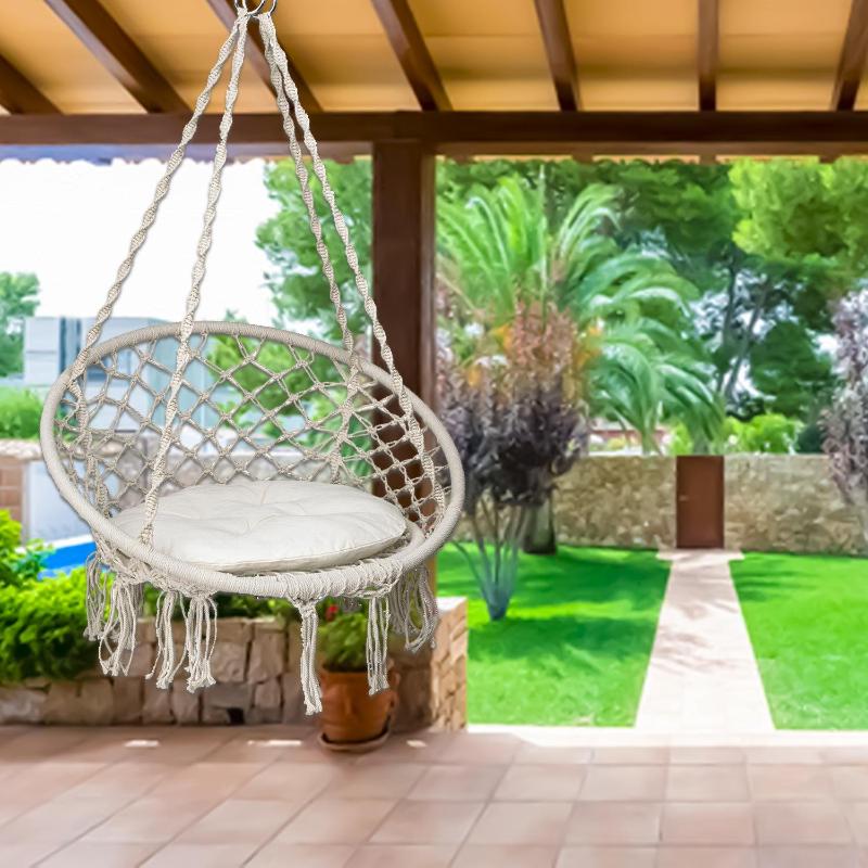 Silla / Balancin Colgante En Algodon Beige Con Cojin Incluido. Ideal Para Jardines, Terrazas, Balcones_1