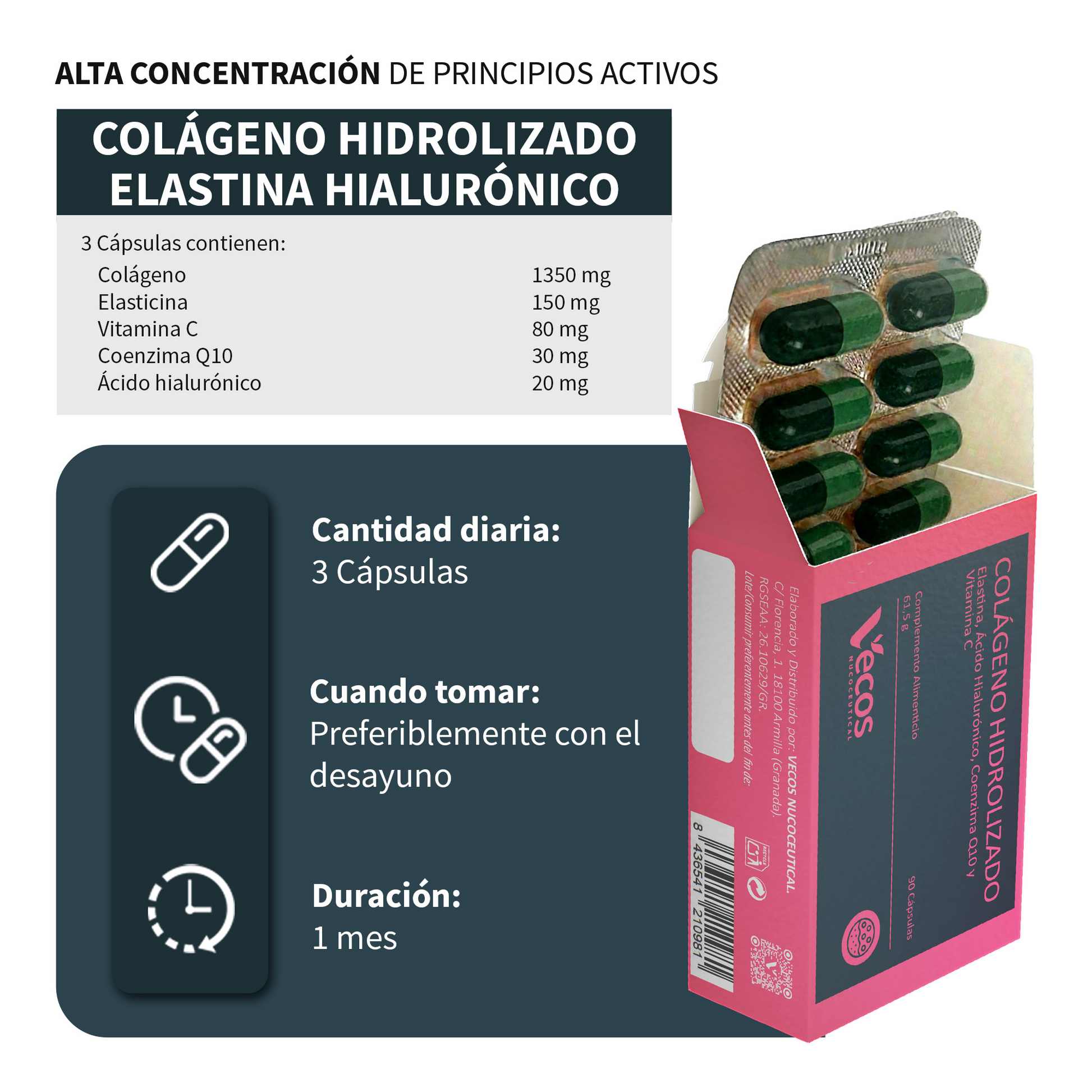 Colágeno Hidrolizado VECOS (90 cápsulas) | Elasticidad, Hidratación y Anti edad | Ácido hialurónico, Elastina y Q10_2