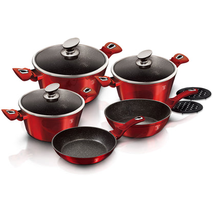 Batería Cocina Inducción 10 Piezas, Antiadherente Mármol Sin Pfoa, Aluminio, Cazuelas Sartenes Berlinger Haus Burgundy Rojo_2