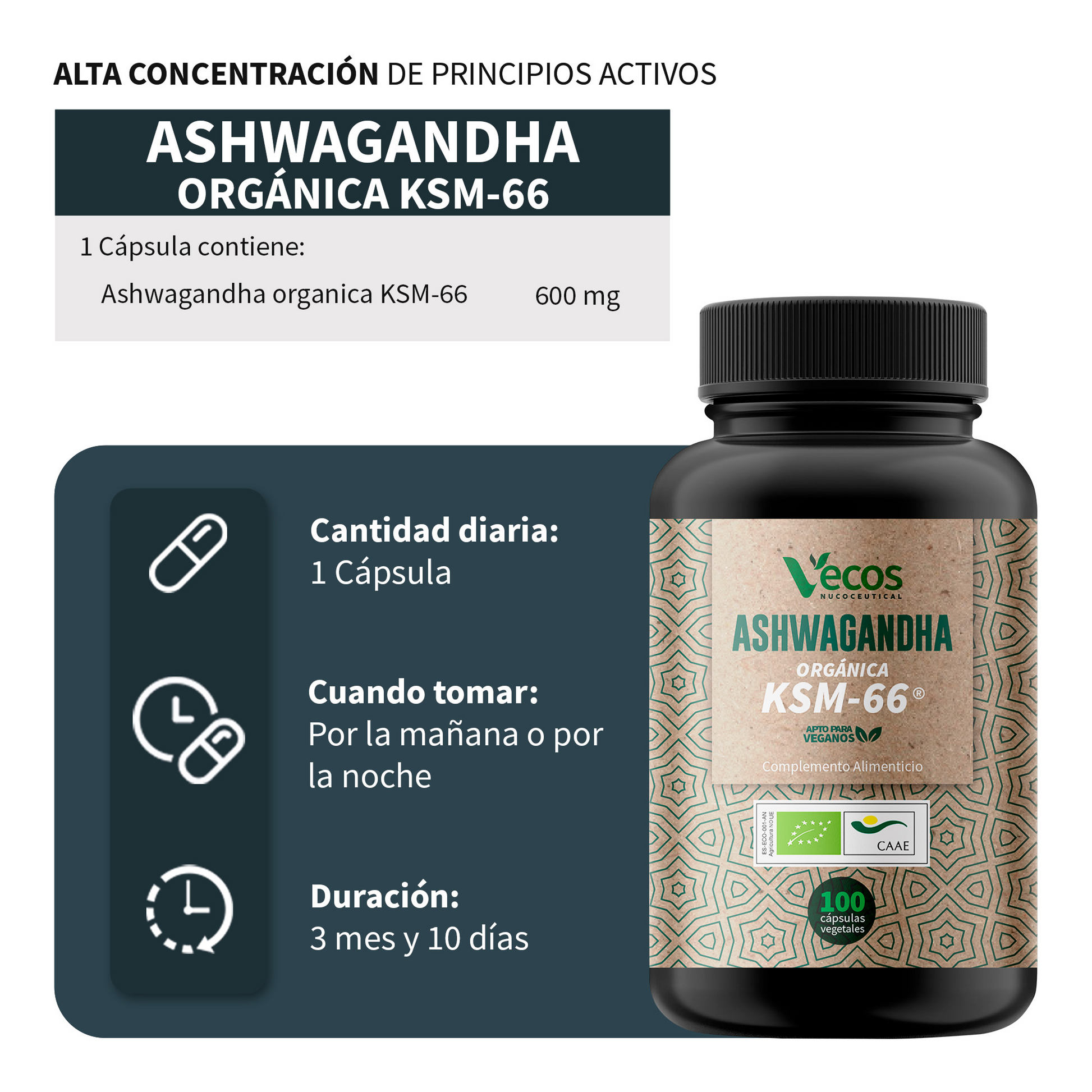 Ashwagandha Orgánica KSM-66 VECOS (100 cápsulas) | Reduce estrés y ansiedad | 600 mg alta concentración_2
