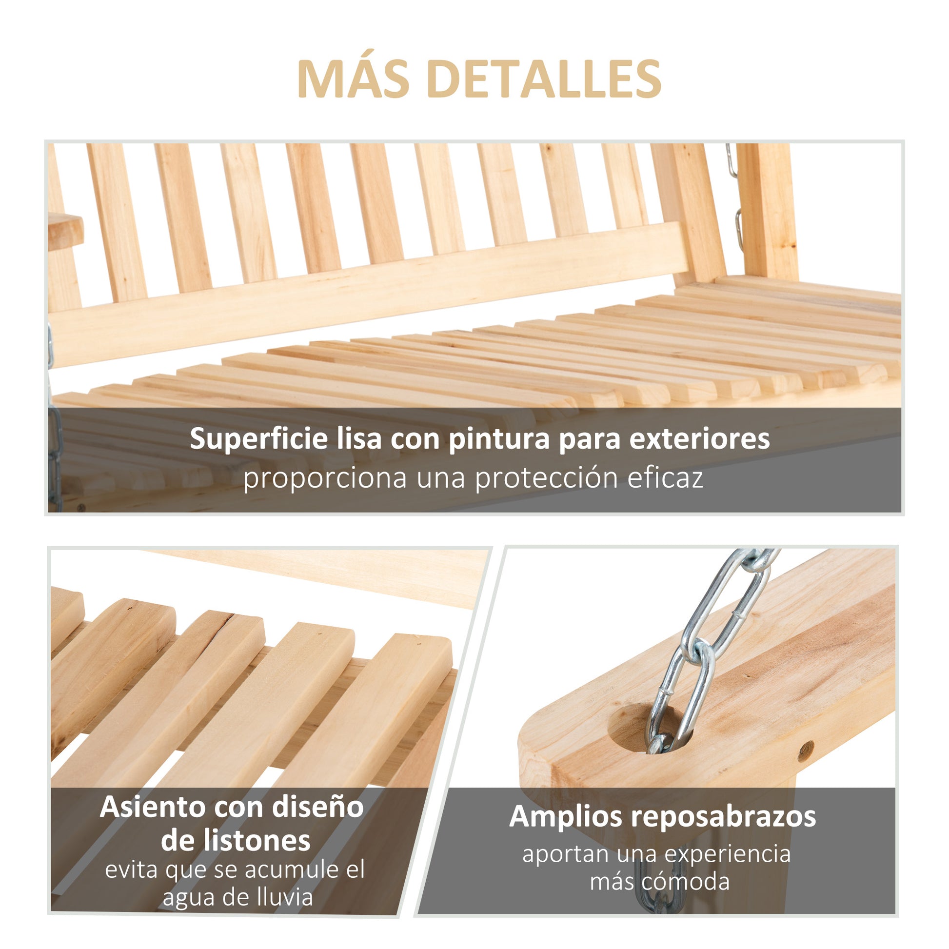 Outsunny Banco Columpio De Madera De 2 Plazas Con Reposabrazos Cadenas Ajustable_5