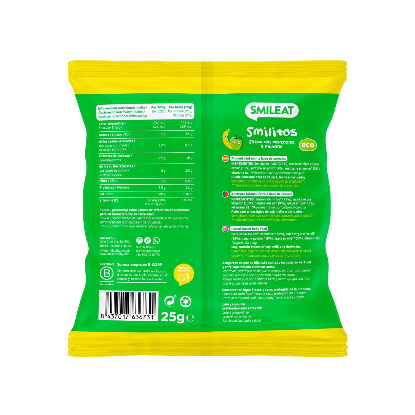 Embalagem de 3 Smilitos, minhocas de maçã e banana, 25g de snack Smileat 