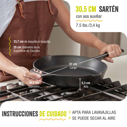 Victoria Sartén Hierro Fundido Esmaltado Diseño Calaca Inducción 30cm Apta Fuego, Horno Cast Iron Skillet, Calaca, Negro_5