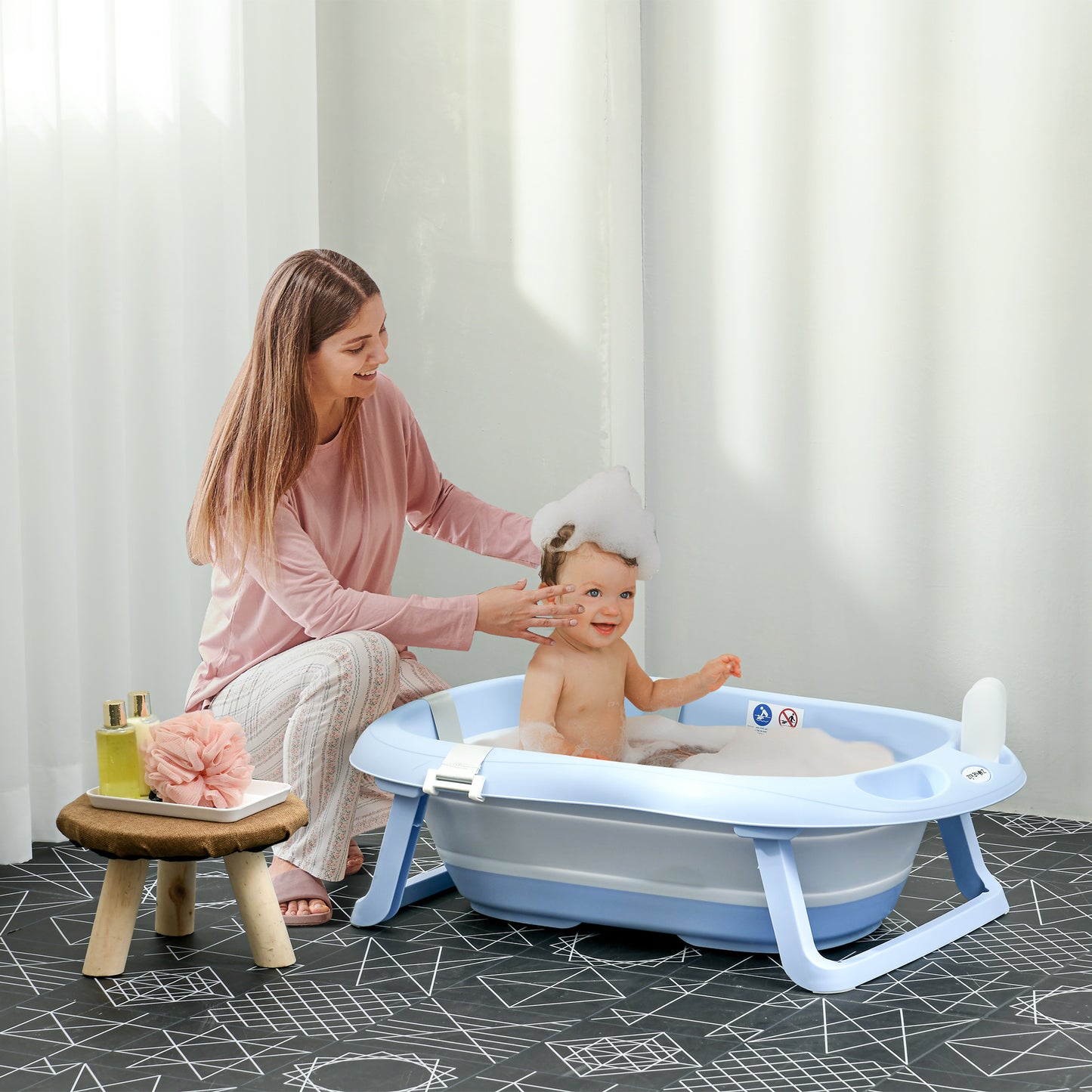 Zonekiz Bañera Plegable Bebé Con Cojín Agujero De Ducha 83x48x23,5 Cm Azul_1