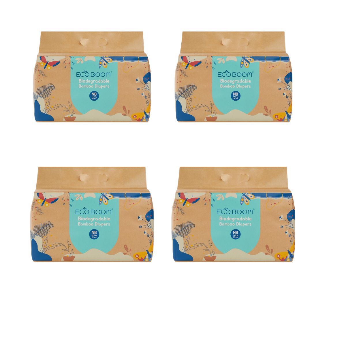 ECOBOOM - Fralda de Bambu Eco Boom. 70% biodegradável, hipoalergénica (tamanho 1/NB, < 3 kg, embalagem de 4 sacos, total de 136 fraldas)