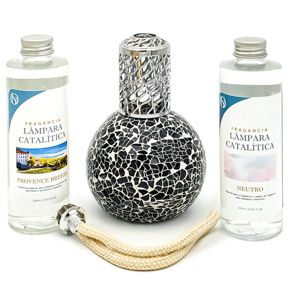 Pack Ahorro Lámpara Catalítica Mosaico Negro + Fragancia Provence Breeze 500ml + Limpiador Neutro 200ml + Mecha Repuesto_0
