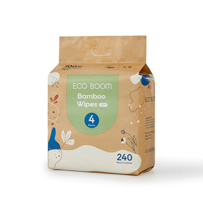 Pack de 4 toalhitas biodegradáveis ​​de bambu Ecoboom, 60 unidades