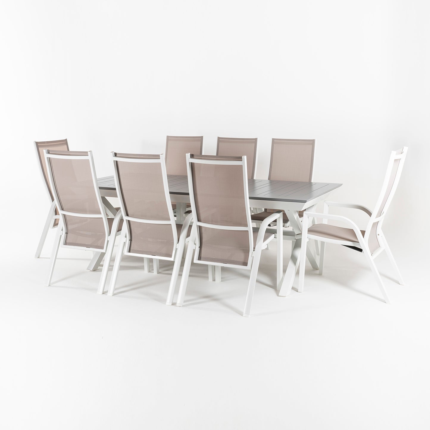 Conjunto De Jardín Mesa Extensible 215-295 Y 8 Sillones Apilables Y Reclinables Con Sistema Hidráulico Blanco_2