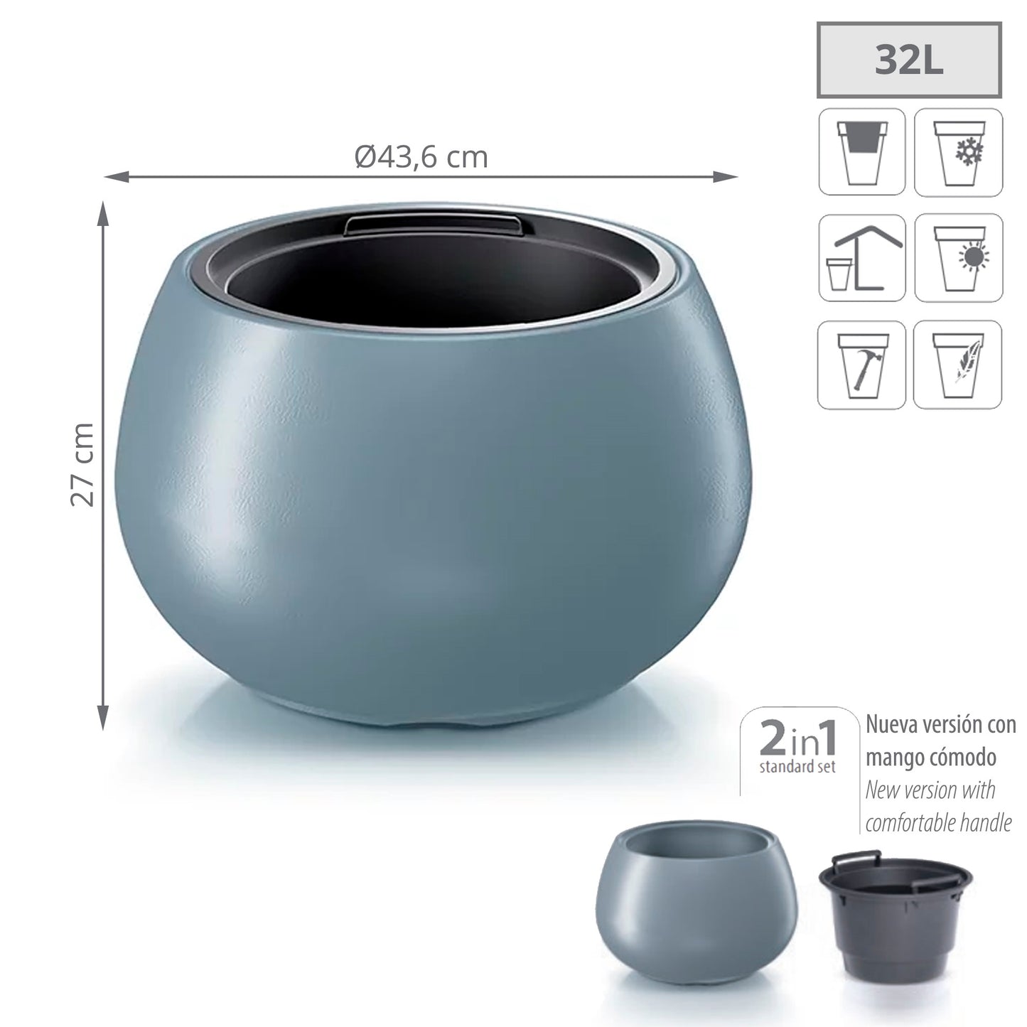 Maceta Heos 32l., Con Depósito, Dimensiones (mm) 436x436x270, Color Gris Claro_1