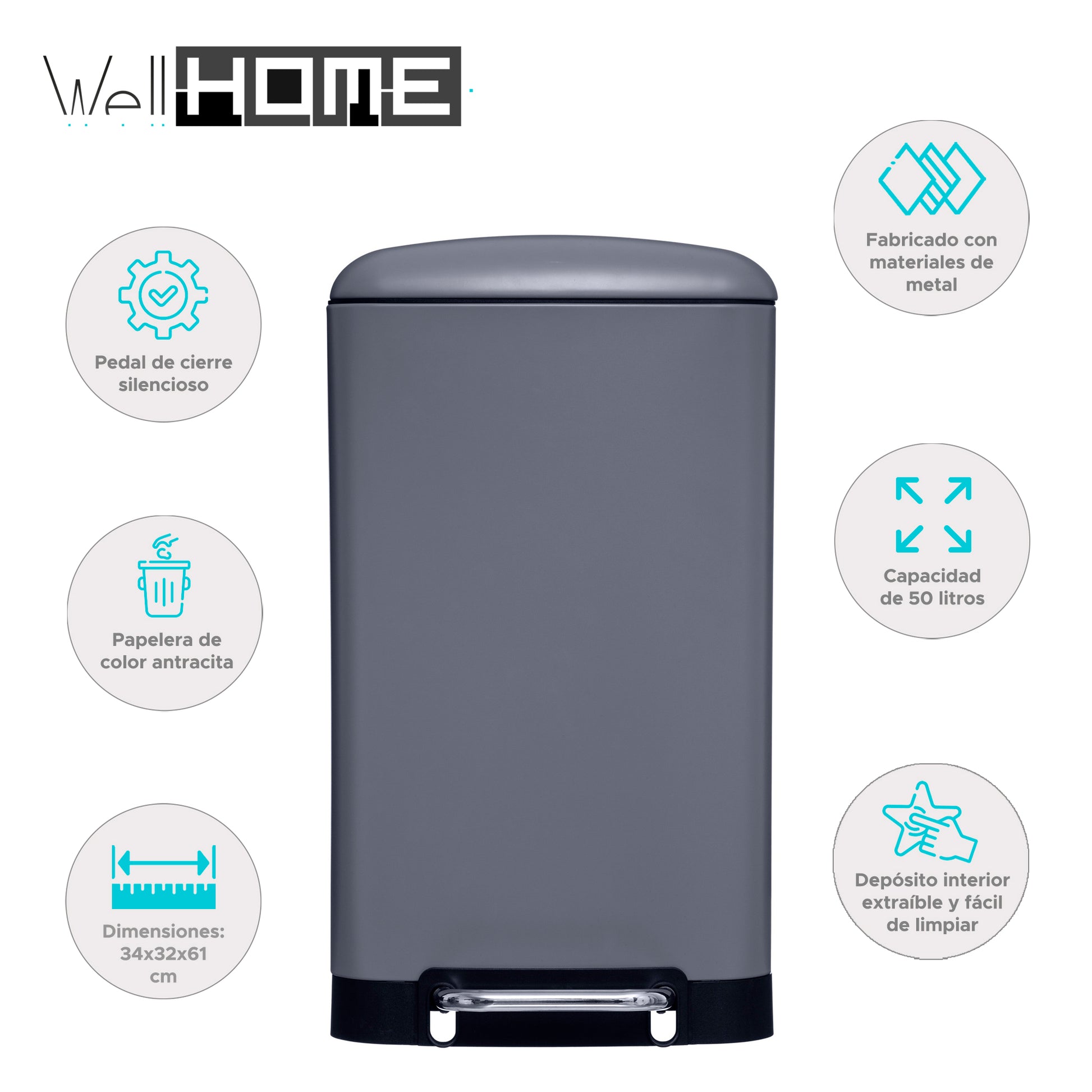 Wellhome Papelera Con Pedal Antracita 30l_1