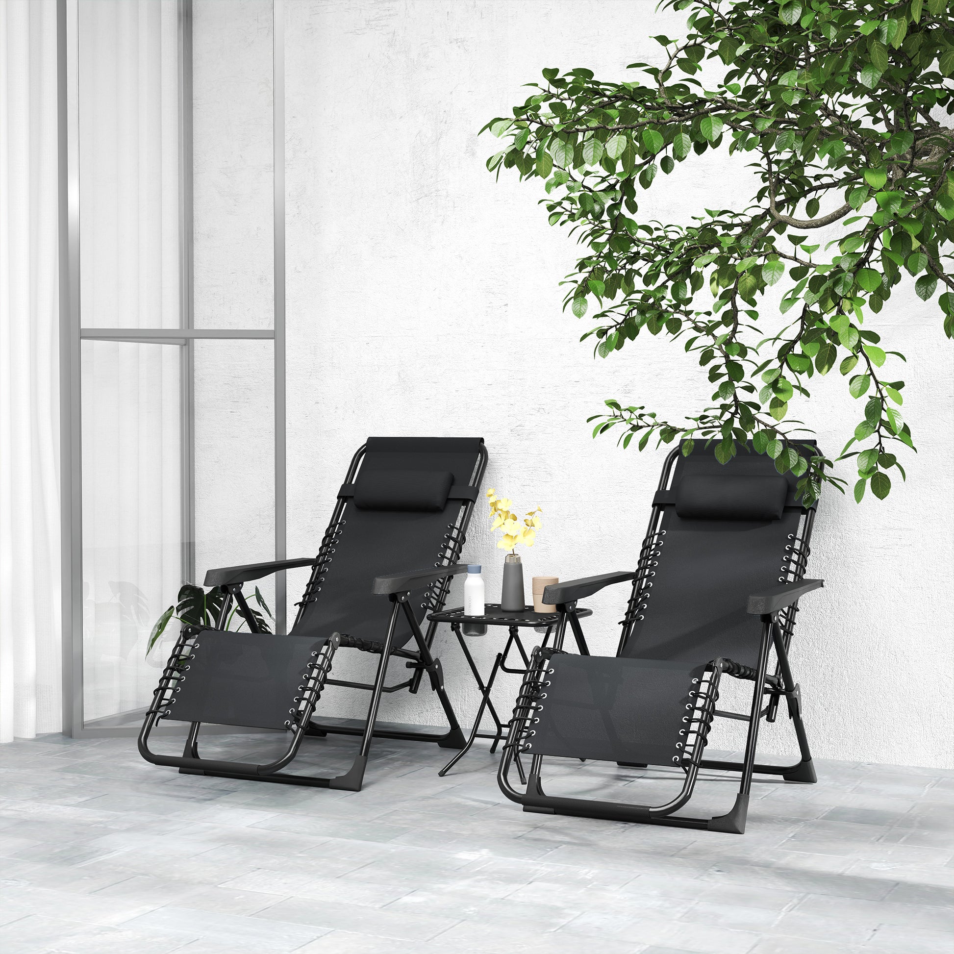 Outsunny Set De 2 Tumbonas Jardín Exterior Con Mesa Auxiliar Reposabrazos Negro_4