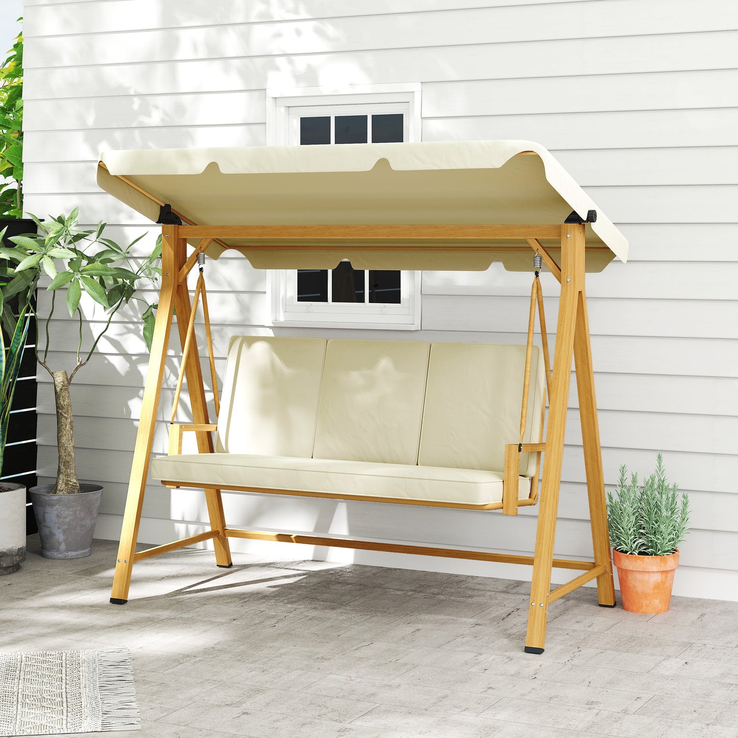 Outsunny Columpio De Jardín Exterior De 3 Plazas Con Toldo Ajustable Beige_1