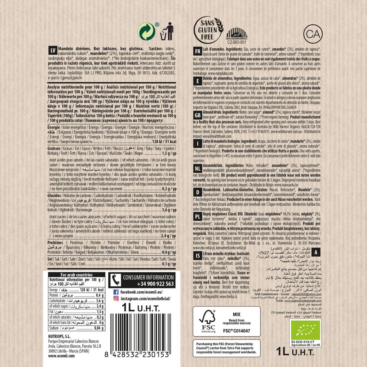 Bebida à base de plantas EcoMil Classic Bio Almond 1 L