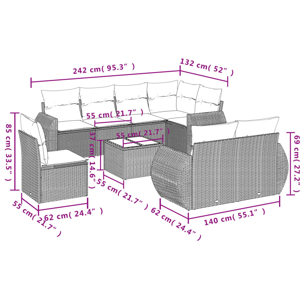 Set De Sofás De Jardín 9 Pzas Con Cojines Ratán Sintético Beige / Vetonek_1