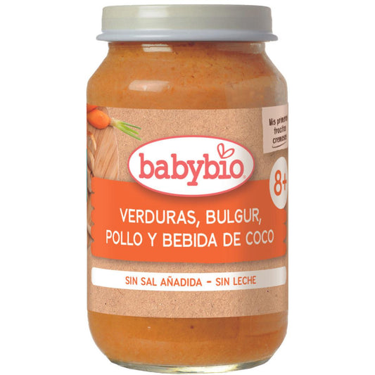 Papinha Babybio com pedaços de vegetais, bulgur, frango e bebida de coco 200 g