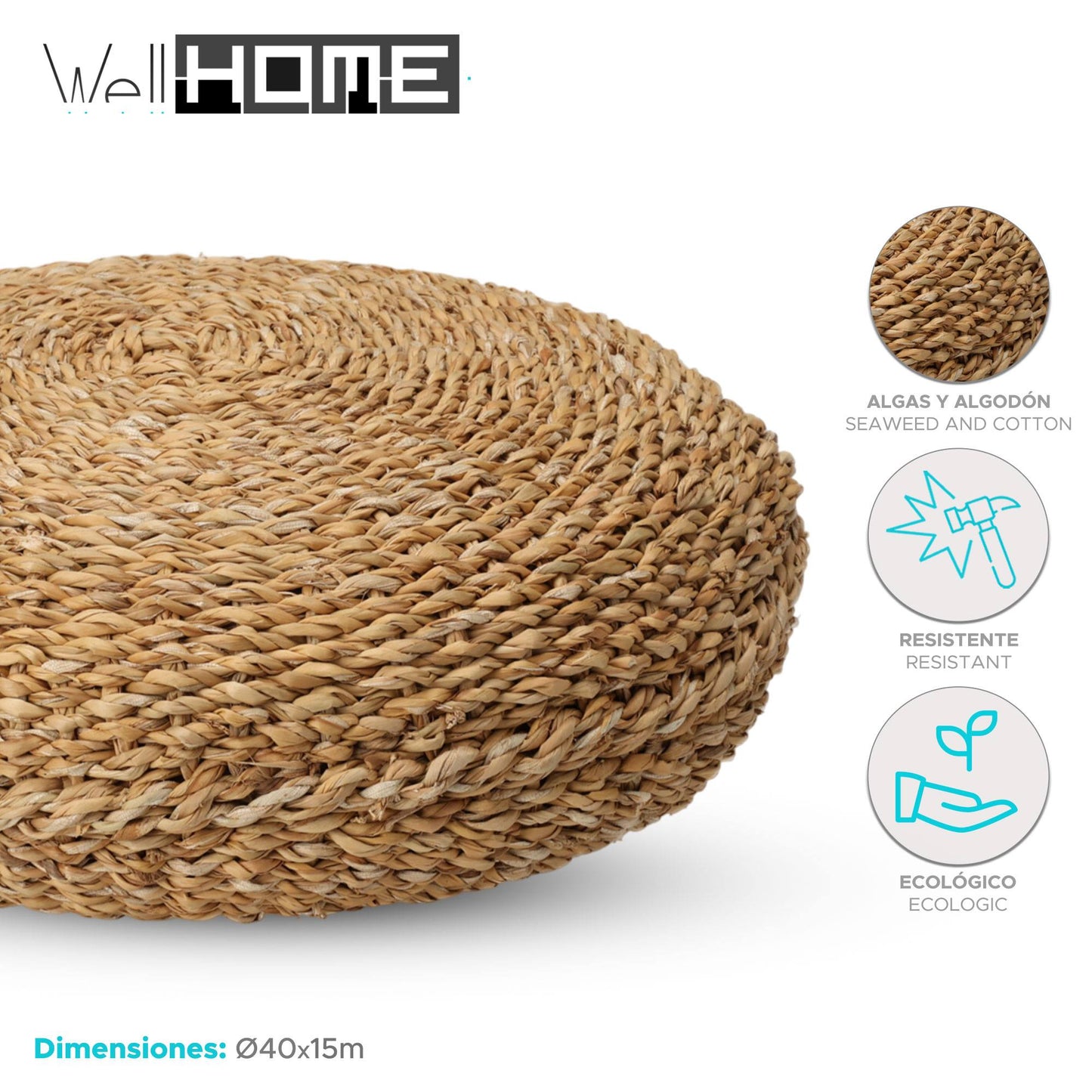 Well Home Puf Redondo De Algas Y Algodón De Diseño Natural Ø40x15cm_1