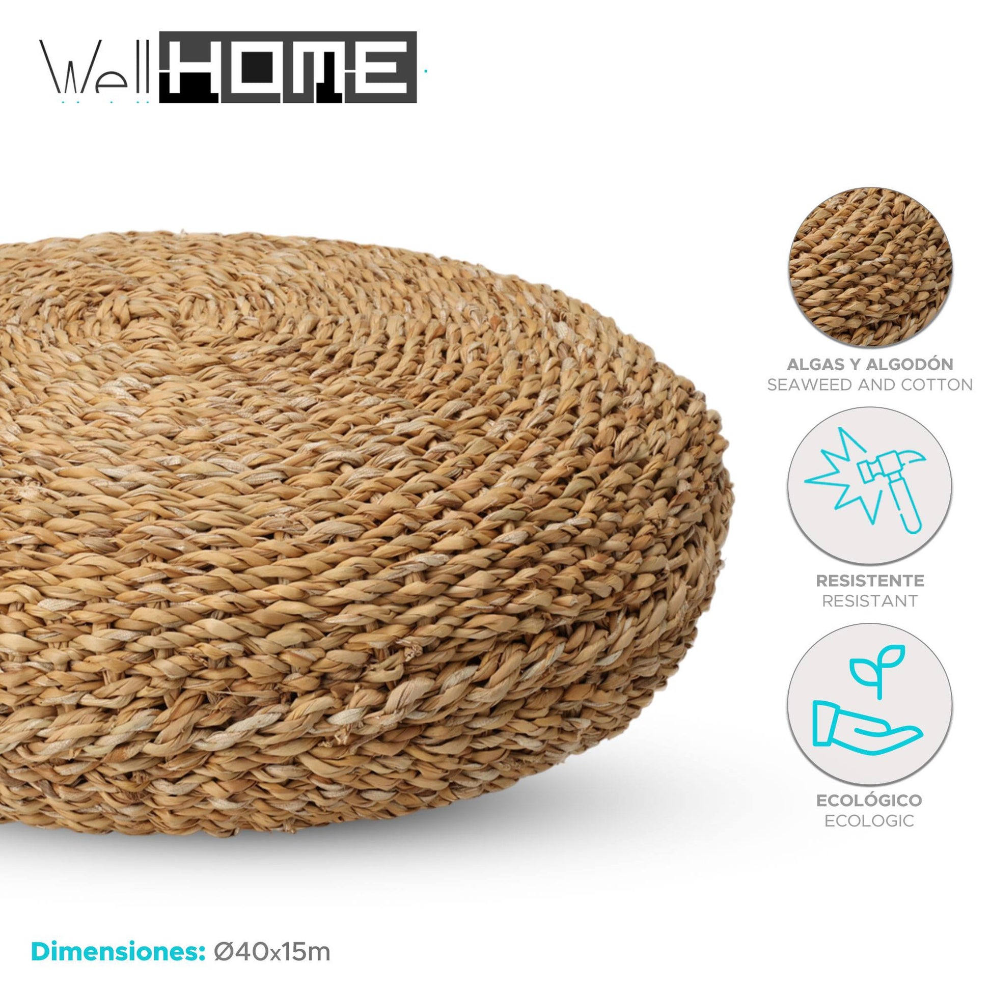 Well Home Puf Redondo De Algas Y Algodón De Diseño Natural Ø40x15cm_1