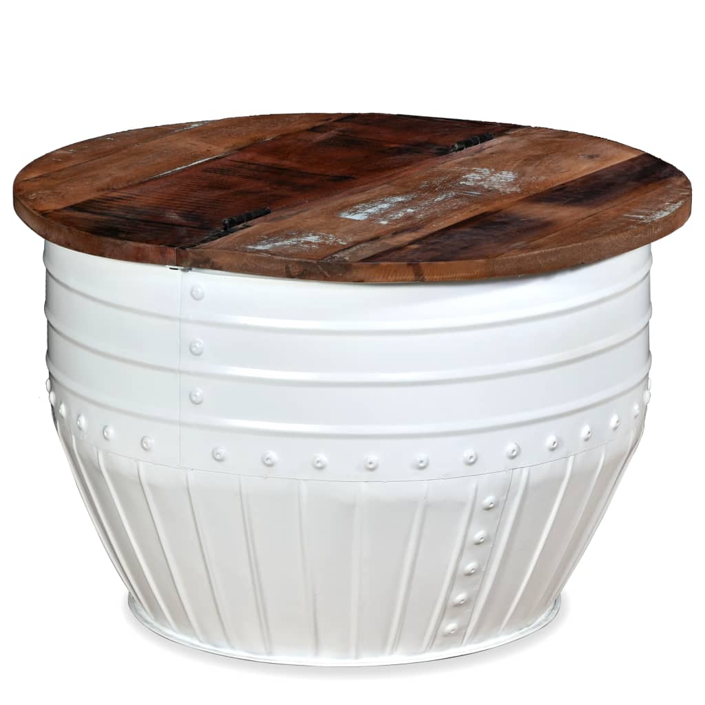 Mesa De Centro Forma De Barril Madera Maciza Reciclada Blanco_0