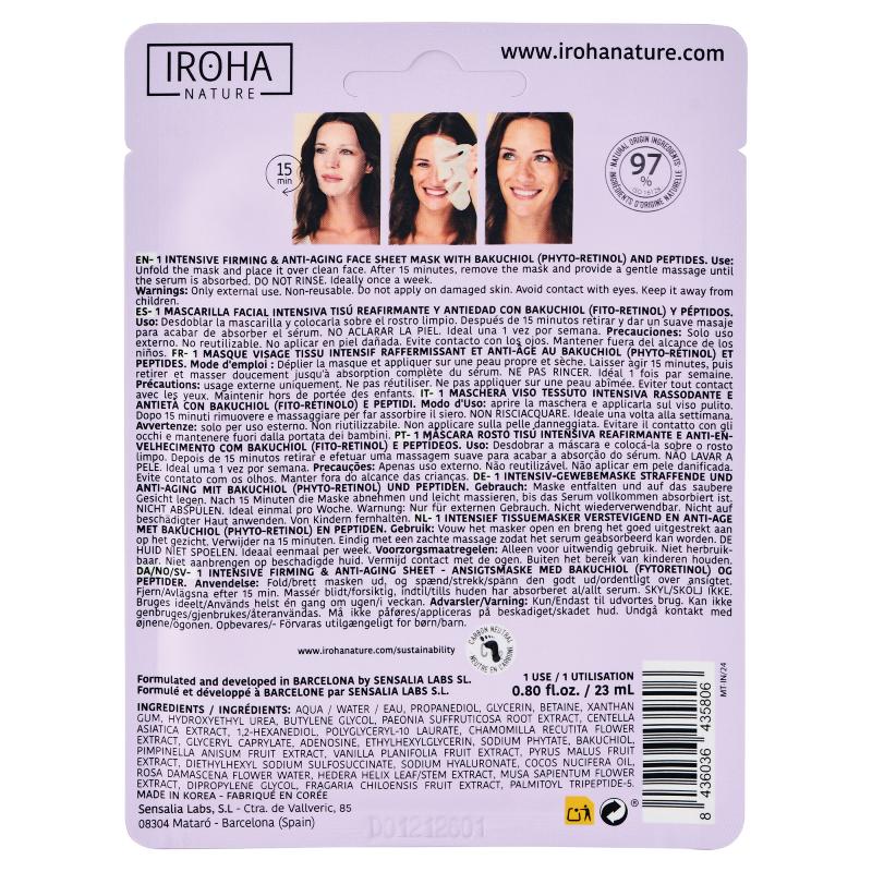 Máscara de tecido refirmante e anti-envelhecimento Bakuchiol da Iroha Nature 23 ml